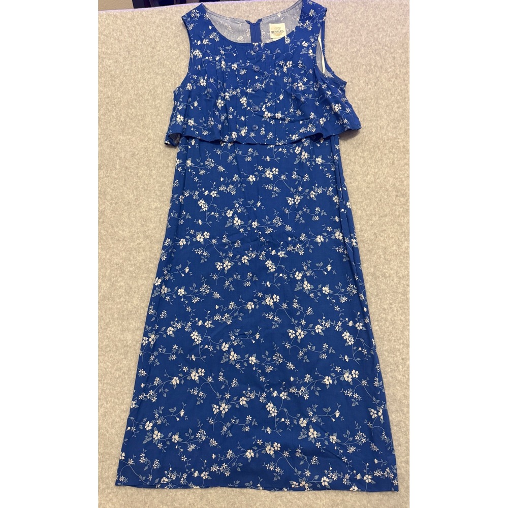 Vintage TR Bentley Blue Floral Rayon Midi Dress Sleeveless Tiered Pintuck Size 6
